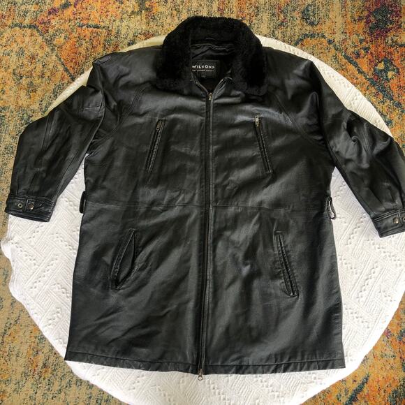 Vintage Womens Wilson Black Leather Coat Removable Faux Fur Collar XL Mid Length - Picture 2 of 13